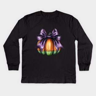 Fall Pumpkin with Big Purple Bow Kids Long Sleeve T-Shirt